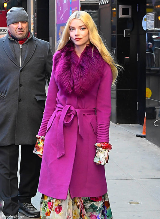 British-American actress Anya Taylor Joy wears the SENTALER Long Coat with Fur in Mulberry Purple on the streets of New York.