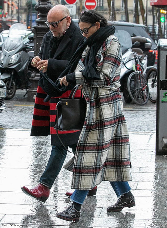 American actress Demi Moore is wearing the SENTALER Long Notched Collar Wrap Coat in Plaid on the streets of Paris.
