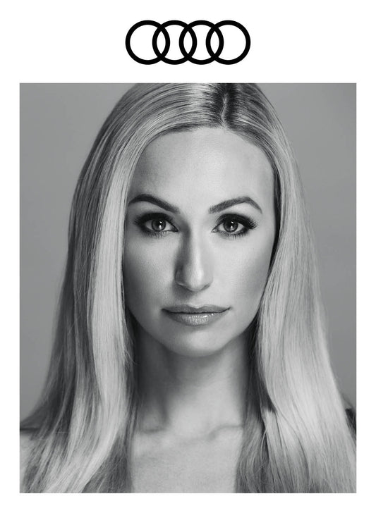 Image features the Audi logo and a headshot image of designer, founder, president and creative director  of SENTALER, Bojana Sentaler in black and white.