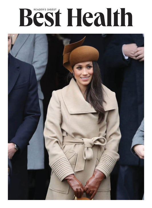 Image features the Best Health logo and an image of the Duchess of Cambridge, Meghan Markle wearing the Sentaler Long Wide Collar Wrap Coat featured in Baby Alpaca and available in Camel.
