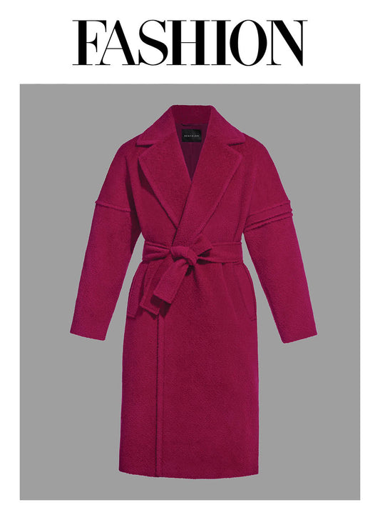 Image features the FASHION logo and an off-figure image of the Sentaler Technical Bouclé Alpaca Robe Coat featured in Technical Bouclé Alpaca and available in Fuchsia Pink.