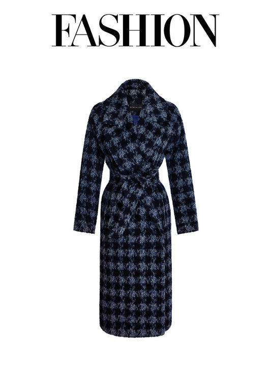 Image features the FASHION logo and an off-figure image of the Sentaler Houndstooth Alpaca Long Raglan Sleeve Notched Collar Coat featured in Printed Suri Alpaca and available in Navy Houndstooth Blue.