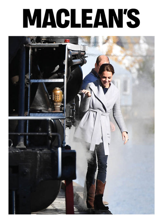 Image features the Maclean's logo and an image of the Princess of Wales, Kate Middleton wearing the Sentaler Wrap Coat with Ribbed Sleeves featured in Superfine Alpaca and available in Gull Grey.