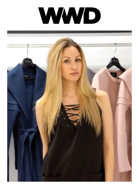 Image features the WWD logo and an image of designer, founder, president and creative director of SENTALER, Bojana Sentaler standing in front of a rack of SENTALER coats.