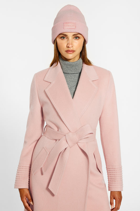 Sentaler Alpaca Beanie and Long Notched Collar Wrap Coat crafted in Baby Alpaca and in Pink. Seen from front close up on female model.
