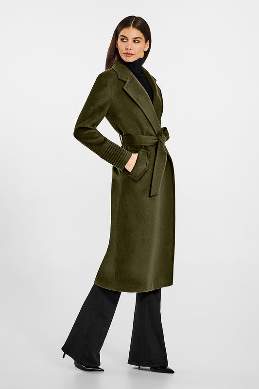 Sentaler Long Notched Collar Wrap Olive Green Coat in Baby Alpaca wool. Seen from side belted on female model.