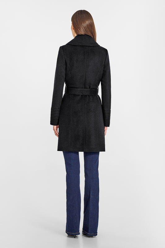 Sentaler Mid Length Large Notched Collar Wrap Black Coat in Baby Alpaca wool. Seen from back belted on female model.