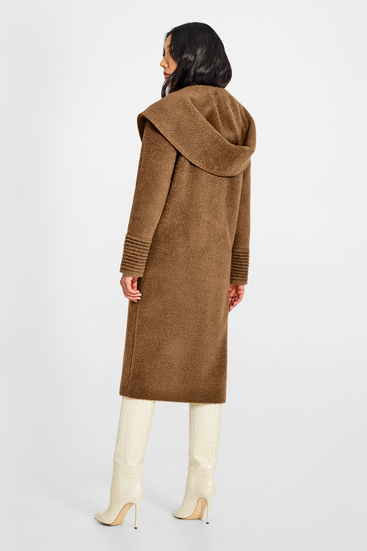 Sentaler Bouclé Alpaca Long Hooded Dark Camel Coat in Bouclé Alpaca wool. Seen from back on female model.