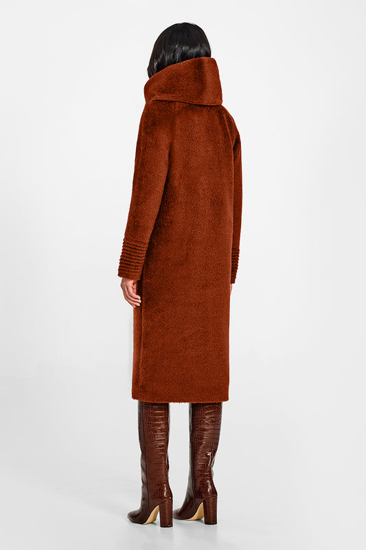 Sentaler Bouclé Alpaca Long Hooded Rust Coat in Bouclé Alpaca wool. Seen from back on female model.
