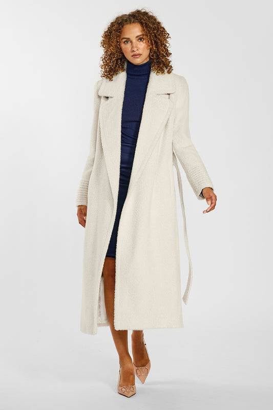 Sentaler Bouclé Alpaca Long Notched Collar Wrap Coat crafted in Bouclé Alpaca wool and in Ivory. Seen from front open on female model.