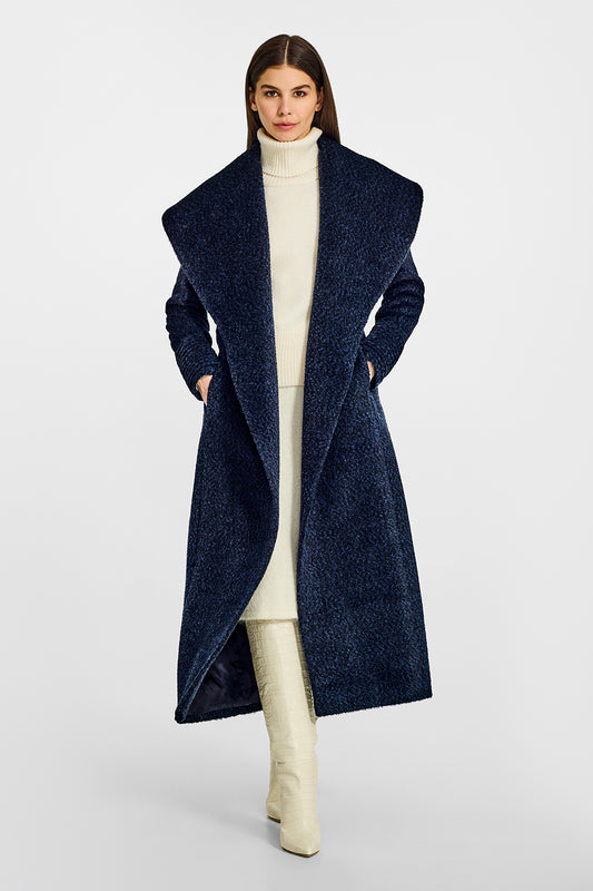 Sentaler Alpaca Maxi Shawl Collar Wrap Midnight Blue Coat in Bouclé Alpaca wool. Seen from front open on female model.