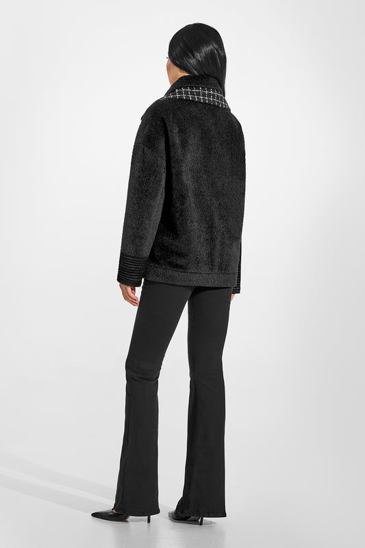 Sentaler Bouclé Alpaca Double Collar Black Bomber in Bouclé Alpaca wool. Seen from back on female model.