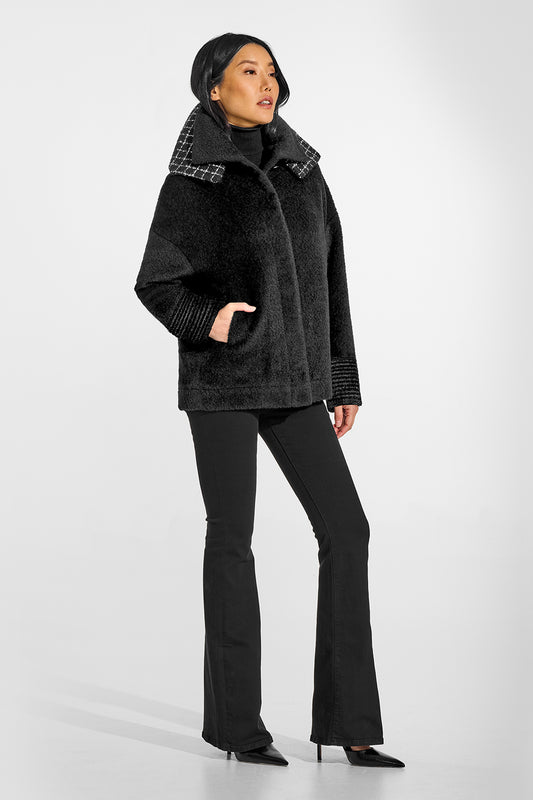 Sentaler Bouclé Alpaca Double Collar Black Bomber in Bouclé Alpaca wool. Seen from side on female model.