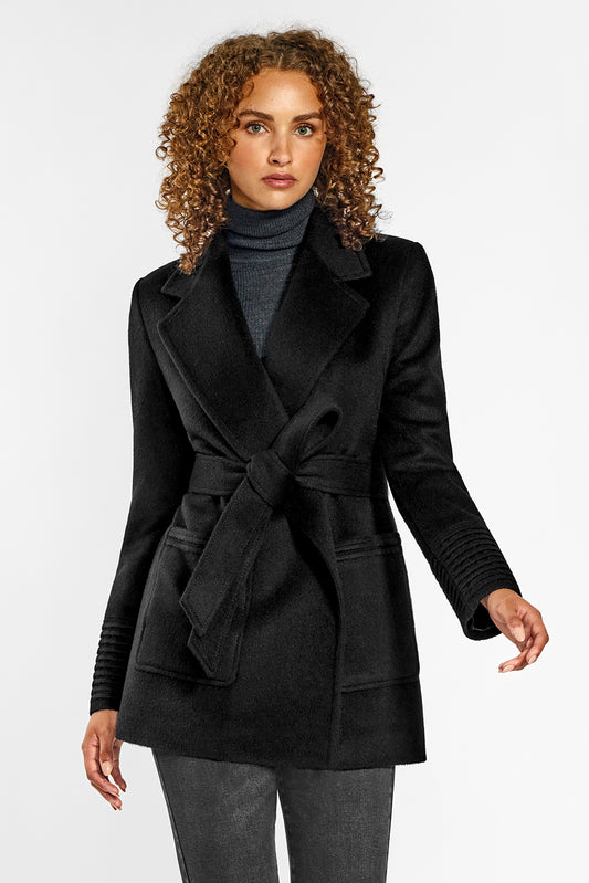 Sentaler Cropped Notched Collar Wrap Coat with Square Pockets crafted in Baby Alpaca and in Black. Seen from front above the knees on female model.
