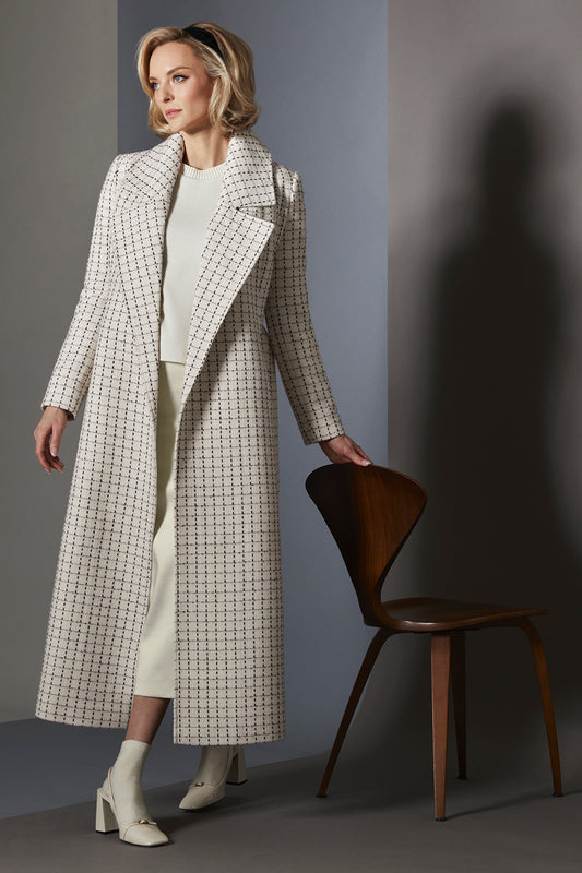 Sentaler Tweed Maxi Notched Collar Wrap Ivory Check Coat in Tweed Baby Alpaca wool. Seen from front open on female model.