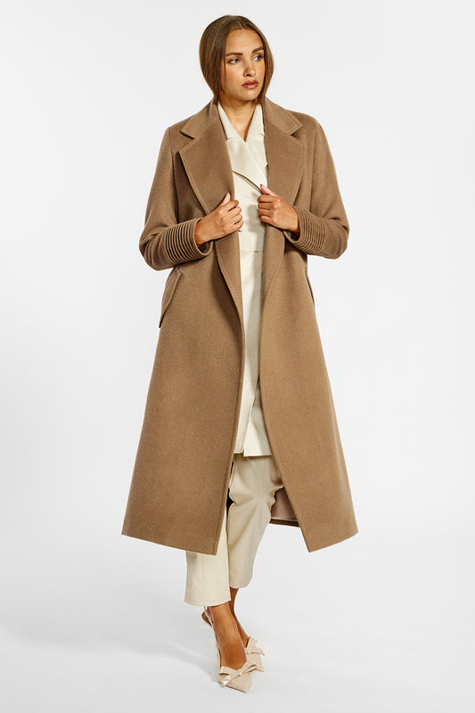 Sentaler Long Notched Collar Wrap Coat crafted in Baby Alpaca wool and in Dark Camel. Seen from front open on female model.