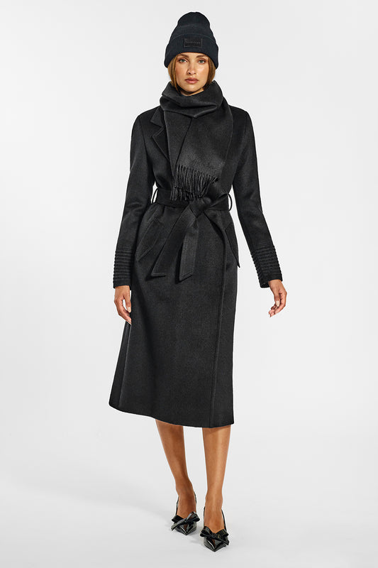Sentaler Long Notched Collar Wrap Coat and Alpaca Beanie crafted in Baby Alpaca wool and in Black. Seen from front belted on female model.