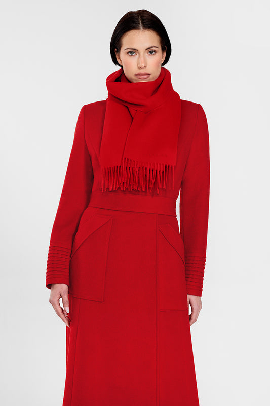 Sentaler Long Wide Collar Wrap Coat and Baby Alpaca Classic Scarf featured in Baby Alpaca and available in Scarlet Red. Seen from front on female model who is wearing the coat belted and the scarf wrapped around her neck.