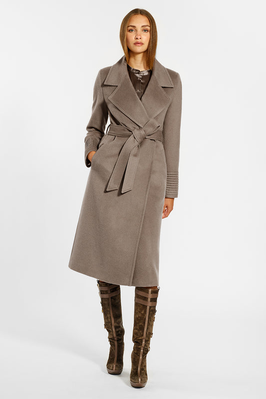 Sentaler Long Wide Notched Collar Wrap Coat crafted in Baby Alpaca wool and in Warm Taupe. Seen from front on female model.
