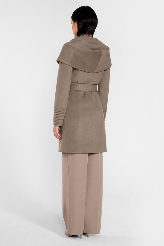 Sentaler Mid Length Hooded Wrap Coat featured in Baby Alpaca and available in Warm Taupe. Seen from back on female model who is wearing the coat belted.