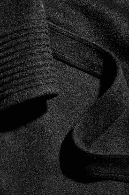 Sentaler Mid Length Notched Collar Wrap Coat featured in Baby Alpaca and available in Black. Seen as fabric swatch close up.