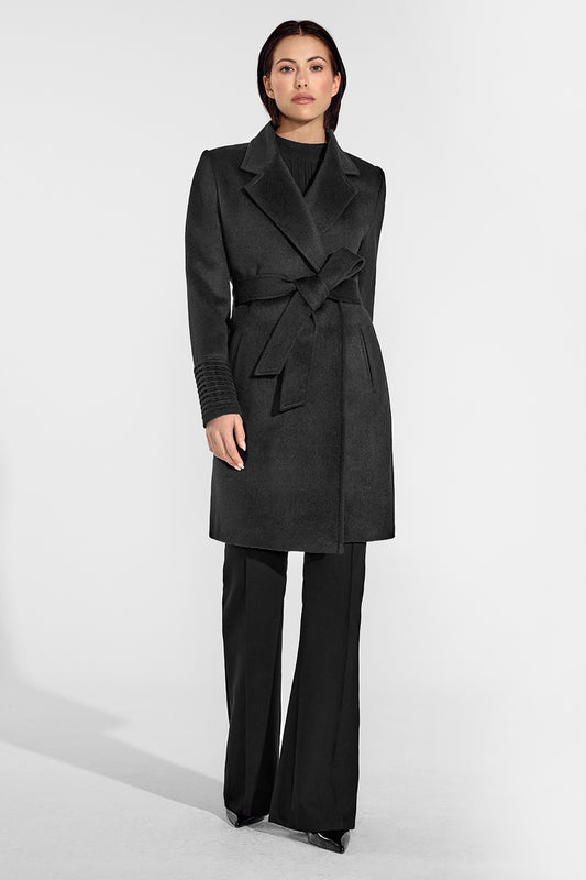 Sentaler Mid Length Notched Collar Wrap Coat featured in Baby Alpaca and available in Black. Seen from front on female model who is wearing the coat belted.