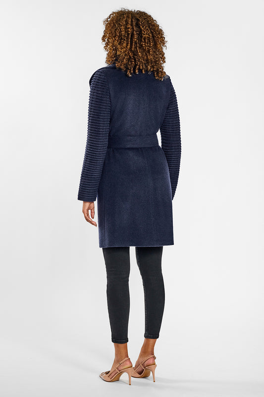 Sentaler Mid Length Shawl Collar Wrap Coat with Ribbed Sleeves crafted in Baby Alpaca wool and in Deep Navy Blue. Seen from back on female model.
