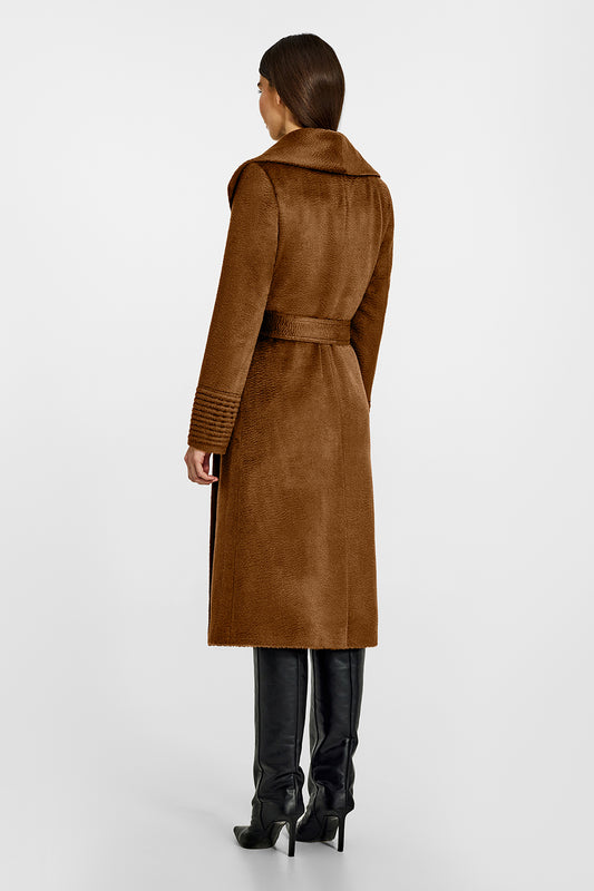 Sentaler Suri Alpaca Long Shawl Collar Wrap Caramel Coat in Suri Alpaca wool. Seen from back belted on female model.