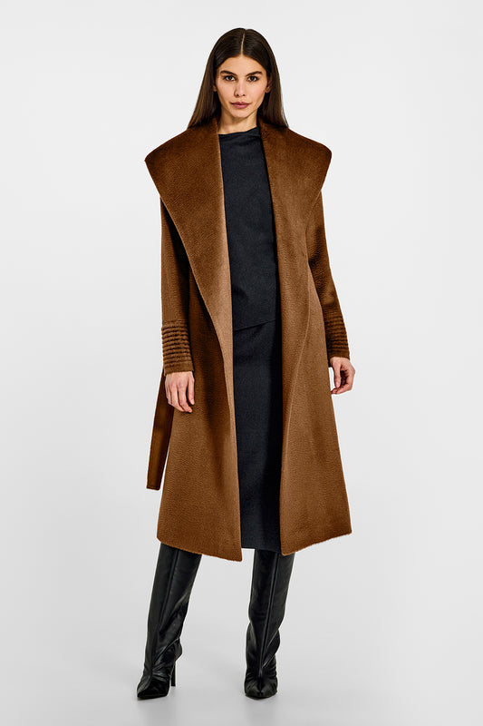 Sentaler Suri Alpaca Long Shawl Collar Wrap Caramel Coat in Suri Alpaca wool. Seen from front open on female model.