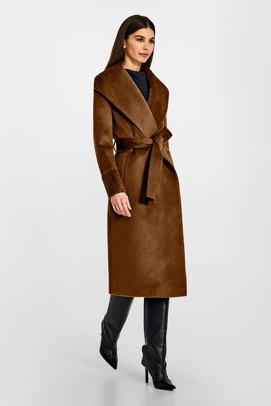 Sentaler Suri Alpaca Long Shawl Collar Wrap Caramel Coat in Suri Alpaca wool. Seen from side belted on female model.