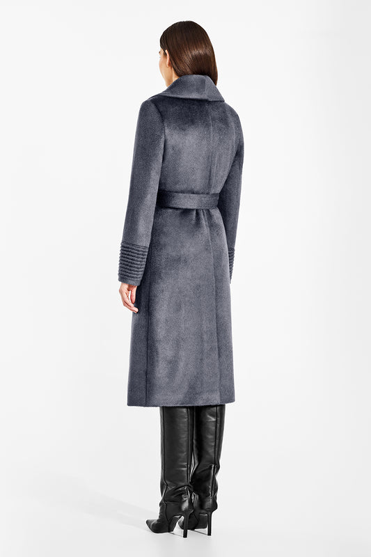 Sentaler Suri Alpaca Long Shawl Collar Wrap Charcoal Coat in Suri Alpaca wool. Seen from back belted on female model.