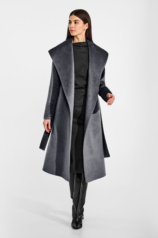 Sentaler Suri Alpaca Long Shawl Collar Wrap Charcoal Coat in Suri Alpaca wool. Seen from front open on female model.