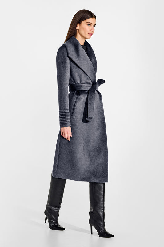 Sentaler Suri Alpaca Long Shawl Collar Wrap Charcoal Coat in Suri Alpaca wool. Seen from side belted on female model.