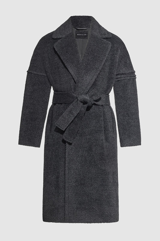 Sentaler Technical Bouclé Alpaca Robe Coat featured in Technical Bouclé Alpaca and available in Charcoal Grey. Seen as off figure belted.