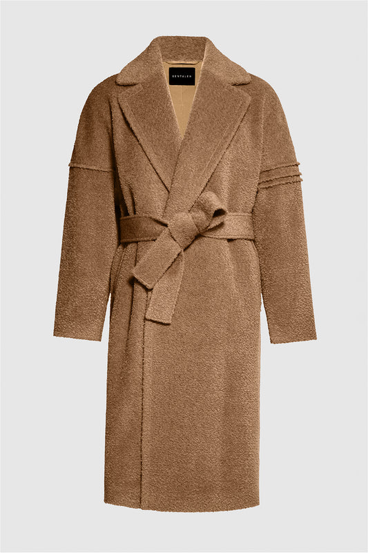 Sentaler Technical Bouclé Alpaca Robe Coat featured in Technical Bouclé Alpaca and available in Dark Camel. Seen as off figure belted.