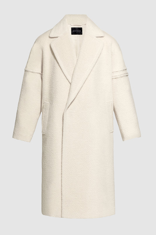 Sentaler Technical Bouclé Alpaca Robe Coat featured in Technical Bouclé Alpaca and available in Ivory White. Seen as off figure.