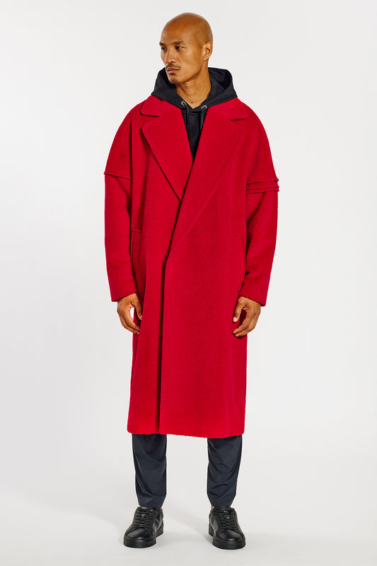 Sentaler Technical Bouclé Alpaca Robe Coat crafted in Technical Bouclé Alpaca and available in Red. Seen from front on male model.