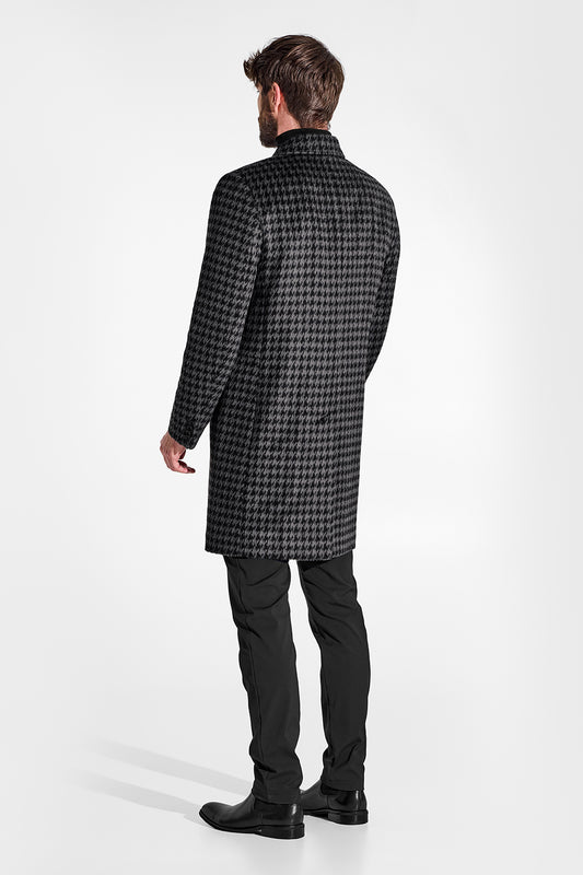 Sentaler Suri Alpaca Notched Lapel Black & Graphite Houndstooth Overcoat in Technical Suri Alpaca wool. Seen from back on male model.
