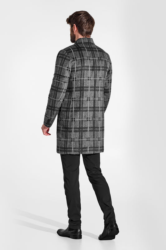 Sentaler Suri Alpaca Double Breasted Grey Check Overcoat in Technical Suri Alpaca wool. Seen from back on male model.