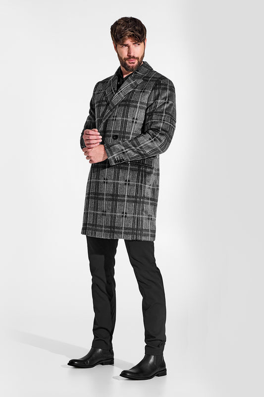 Sentaler Suri Alpaca Double Breasted Grey Check Overcoat in Technical Suri Alpaca wool. Seen from side on male model.