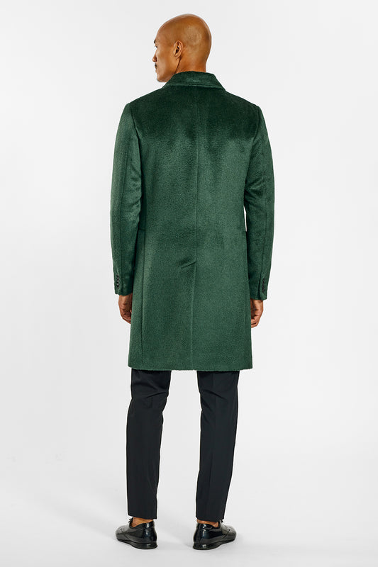 Sentaler Technical Suri Alpaca Notched Lapel Overcoat crafted in Technical Suri Alpaca and available in Deep Emerald. Seen from back on male model.