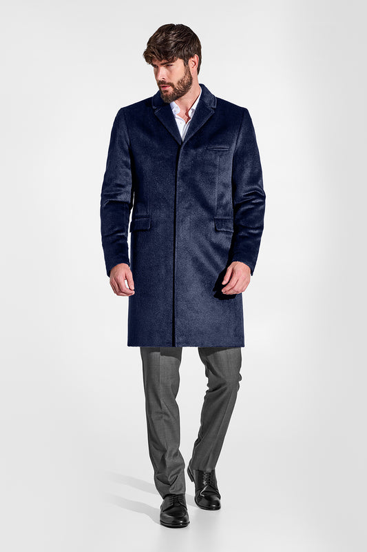 Sentaler Suri Alpaca Notched Lapel Deep Navy Overcoat in Technical Suri Alpaca wool. Seen from front on male model.