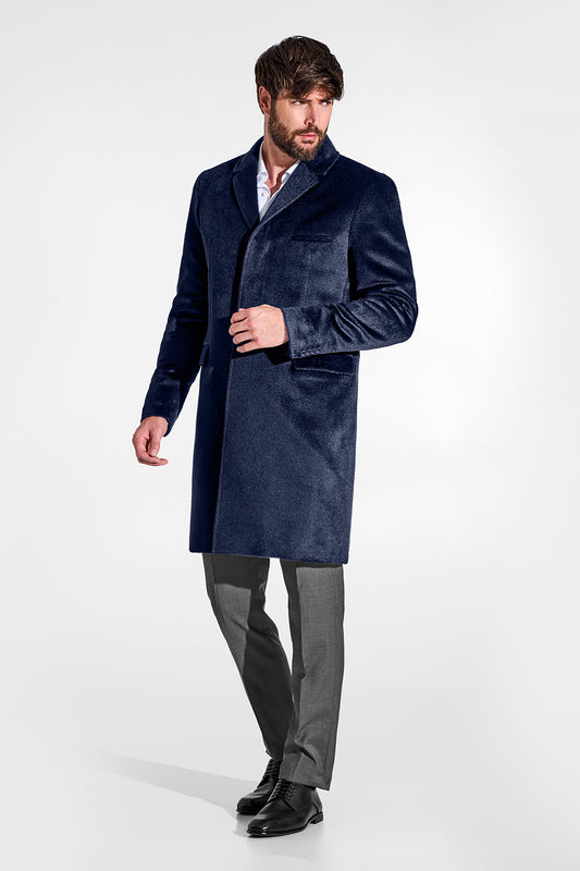 Sentaler Suri Alpaca Notched Lapel Deep Navy Overcoat in Technical Suri Alpaca wool. Seen from side on male model.