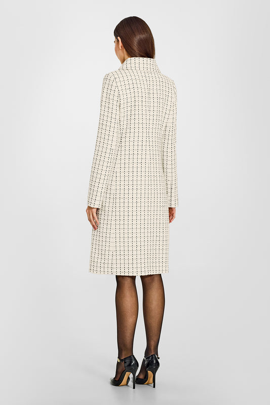 Sentaler Tweed Alpaca A-line Ivory Check Coat in Tweed Baby Alpaca wool. Seen from back on female model.