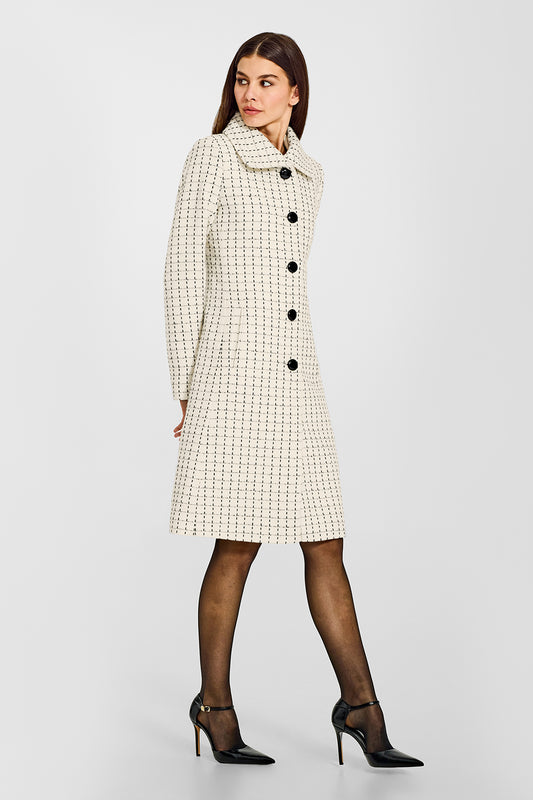 Sentaler Tweed Alpaca A-line Ivory Check Coat in Tweed Baby Alpaca wool. Seen from side on female model.