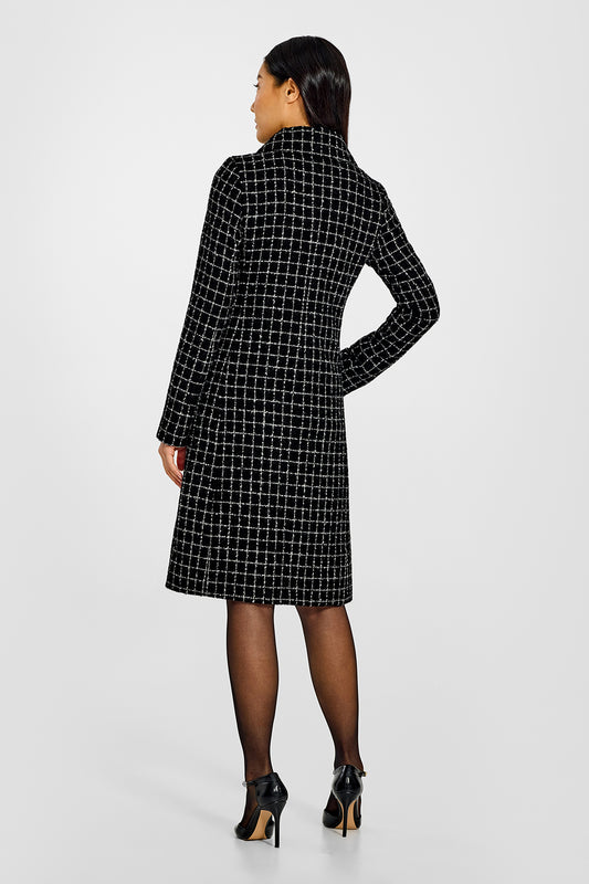 Sentaler Tweed Alpaca A-line Black Check Coat in Tweed Suri Alpaca wool. Seen from back on female model.