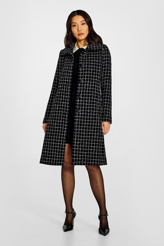 Sentaler Tweed Alpaca A-line Black Check Coat in Tweed Suri Alpaca wool. Seen from front open on female model.