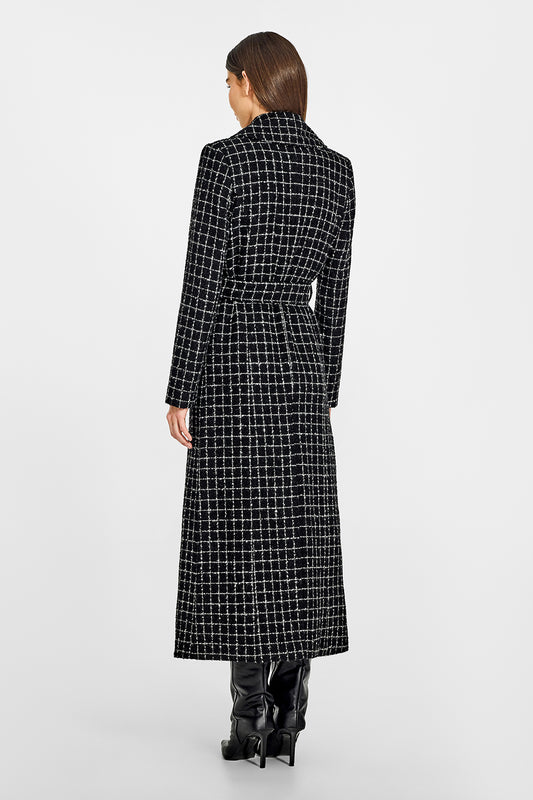 Sentaler Tweed Maxi Notched Collar Wrap Black Check Coat in Tweed Suri Alpaca wool. Seen from back belted on female model.