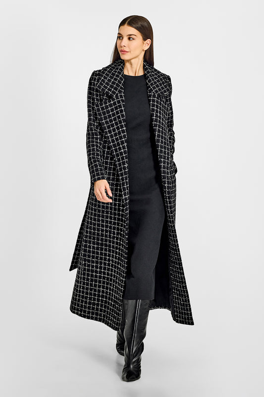 Sentaler Tweed Maxi Notched Collar Wrap Black Check Coat in Tweed Suri Alpaca wool. Seen from front open on female model.