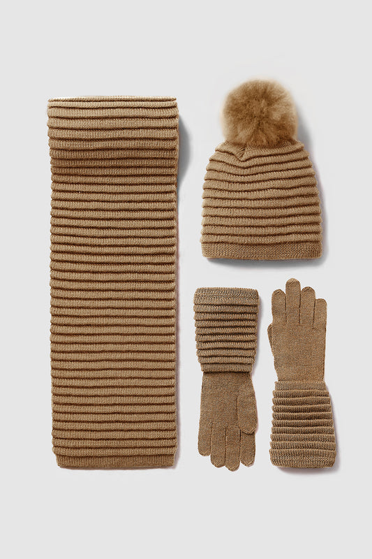 Sentaler Adult Ribbed Gloves featured in Baby Alpaca and available in Dark Camel. Seen as off figures.